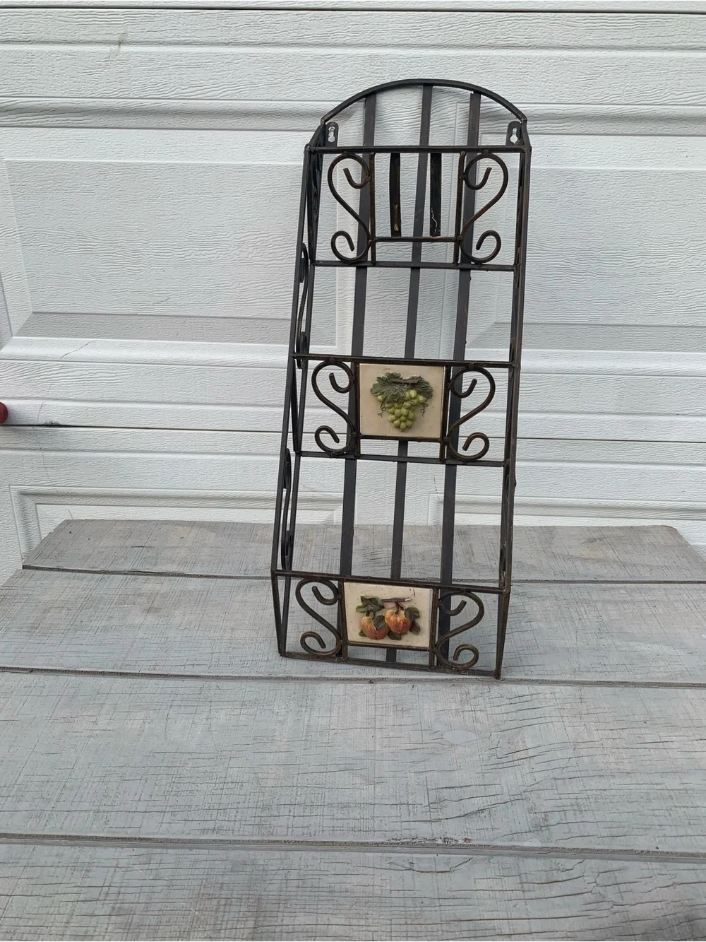 Vintage Wrought Iron Wall Rack 3 Tier Shelf Fruit Tile Mail Magazine Organizer